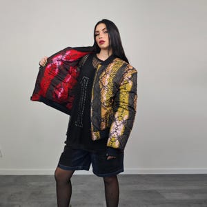 Snake print bomber brown python jacket reversible college varsity detachable sleeves handmade grunge rocker coat