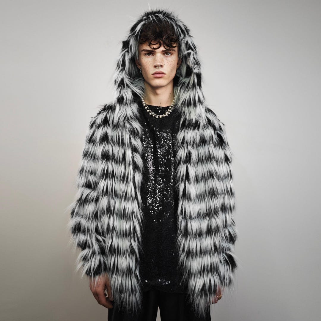 希少★Y2K Mod Coat ☆☆ Striped Shaggy Faux Fur Jacket, Black White Hooded Zebra Coat