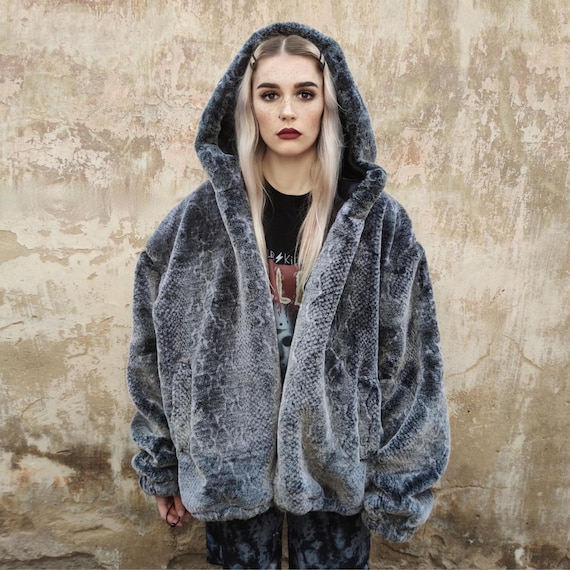 Vintage Gray Snake Jacket, Python Faux Fur Hooded Bomber, Unisex 