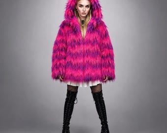Pink Purple Striped Faux Fur Jacket, Shaggy Hooded Rave Coat, Fluffy Festival Outerwear, Custom Cosplay Hoodie