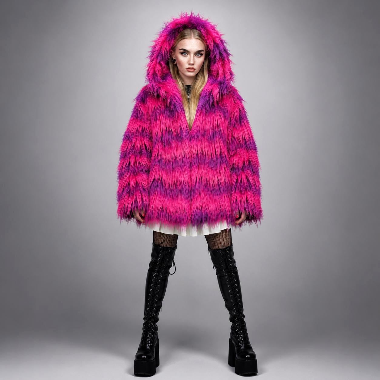 Pink Purple Striped Faux Fur Jacket, Shaggy Hooded Rave Coat