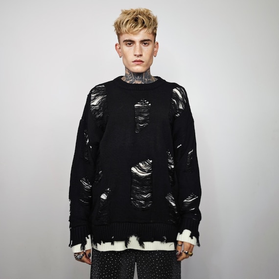 Black Ripped Distressed Sweater, Double Layer Grunge Knit Jumper