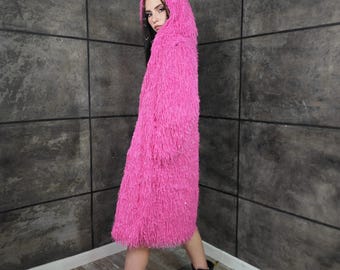 Intense Pink Shaggy Faux Fur Trench Coat, Rave Festival Outerwear