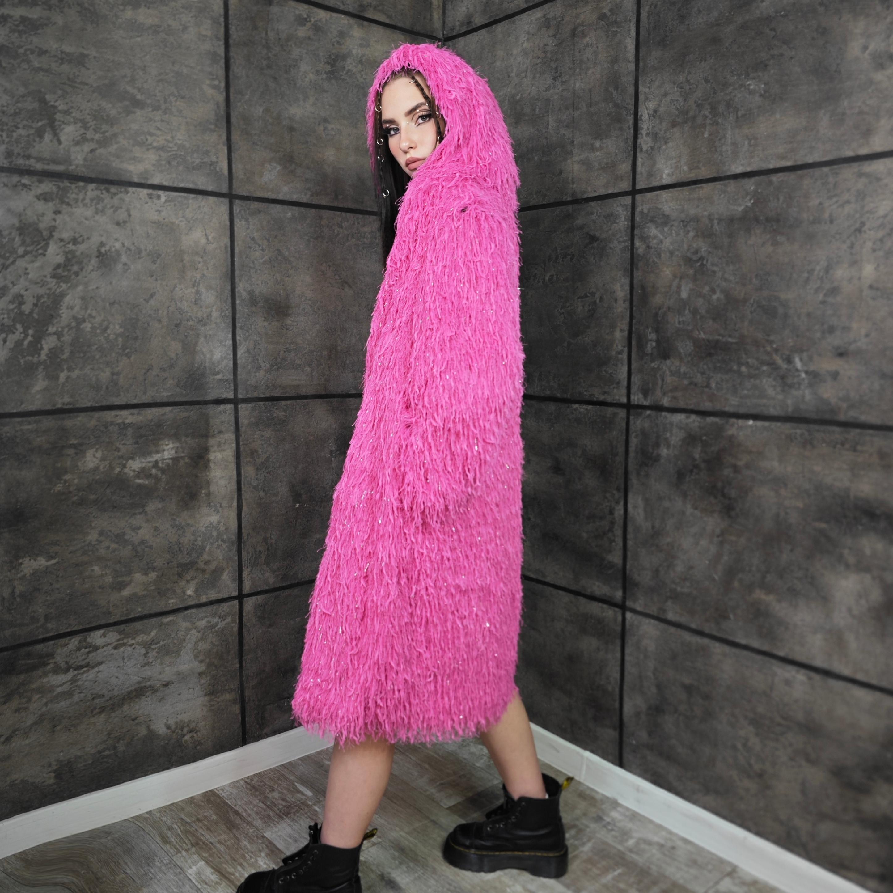 Intense Pink Shaggy Faux Fur Trench Coat, Rave Festival Outerwear