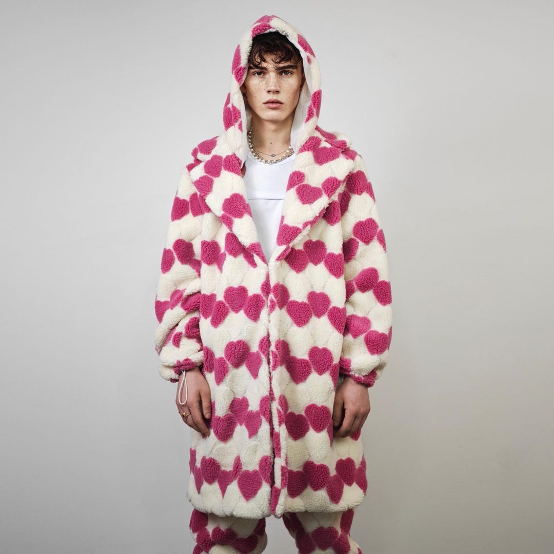美品　deres secret heart shirt jacket Heart Fleece Coat Pink, Long Hooded Love Pattern Jacket, Cream