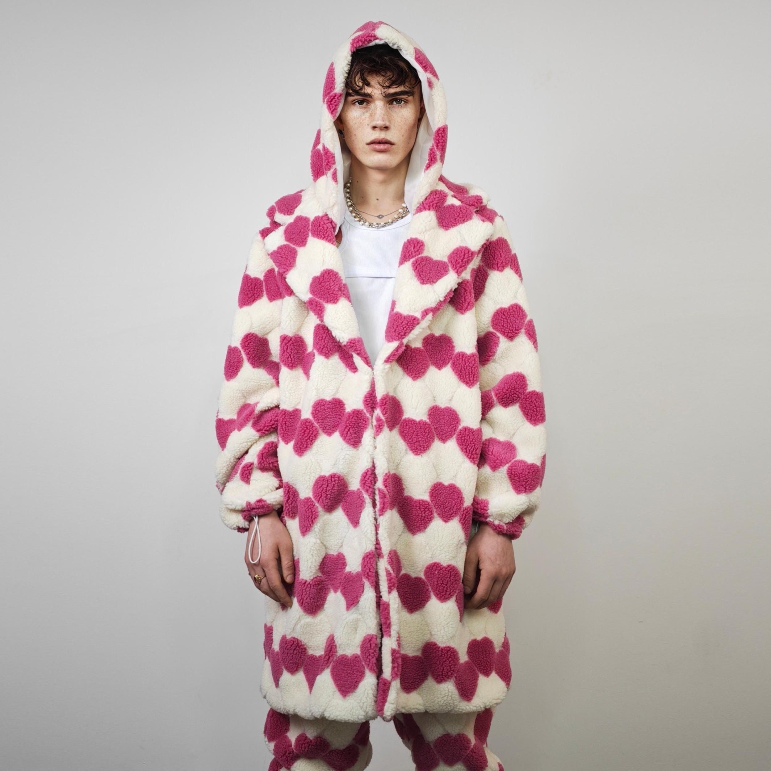 Heart Fleece Coat Pink, Long Hooded Love Pattern Jacket, Cream