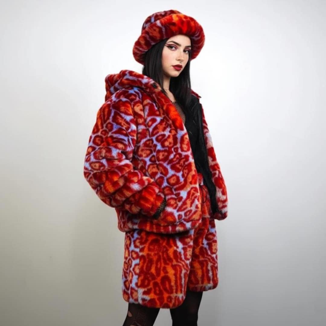 Hooded Red Neon Leopard Faux Fur Jacket, Oversize Playa Pullover