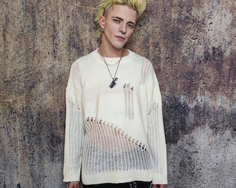 Beige Sheer Ripped Sweater, Transparent Knitted Jumper, See Through Grunge Top, Distressed Alt Pullover
