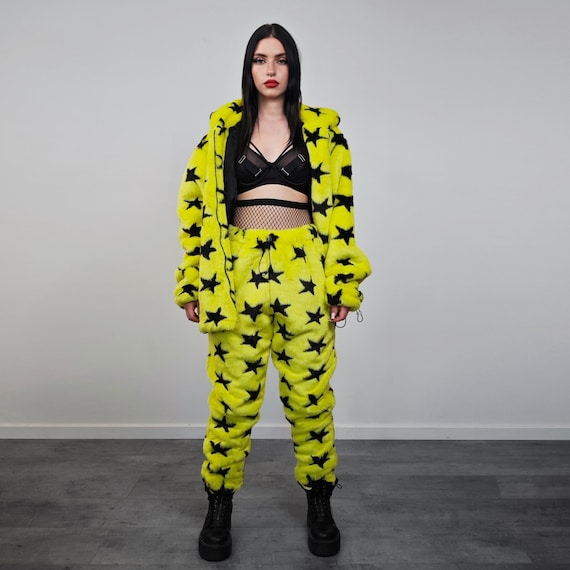 Star Print Joggers Yellow Faux Fur Geometric Fleece Pants