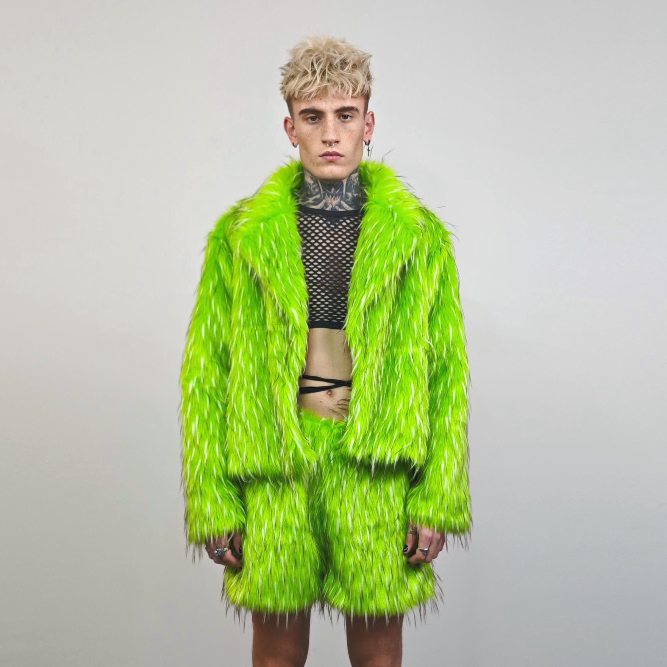 Green Faux Fur Trench Cropped Festival Coat Shaggy Rave Jacket