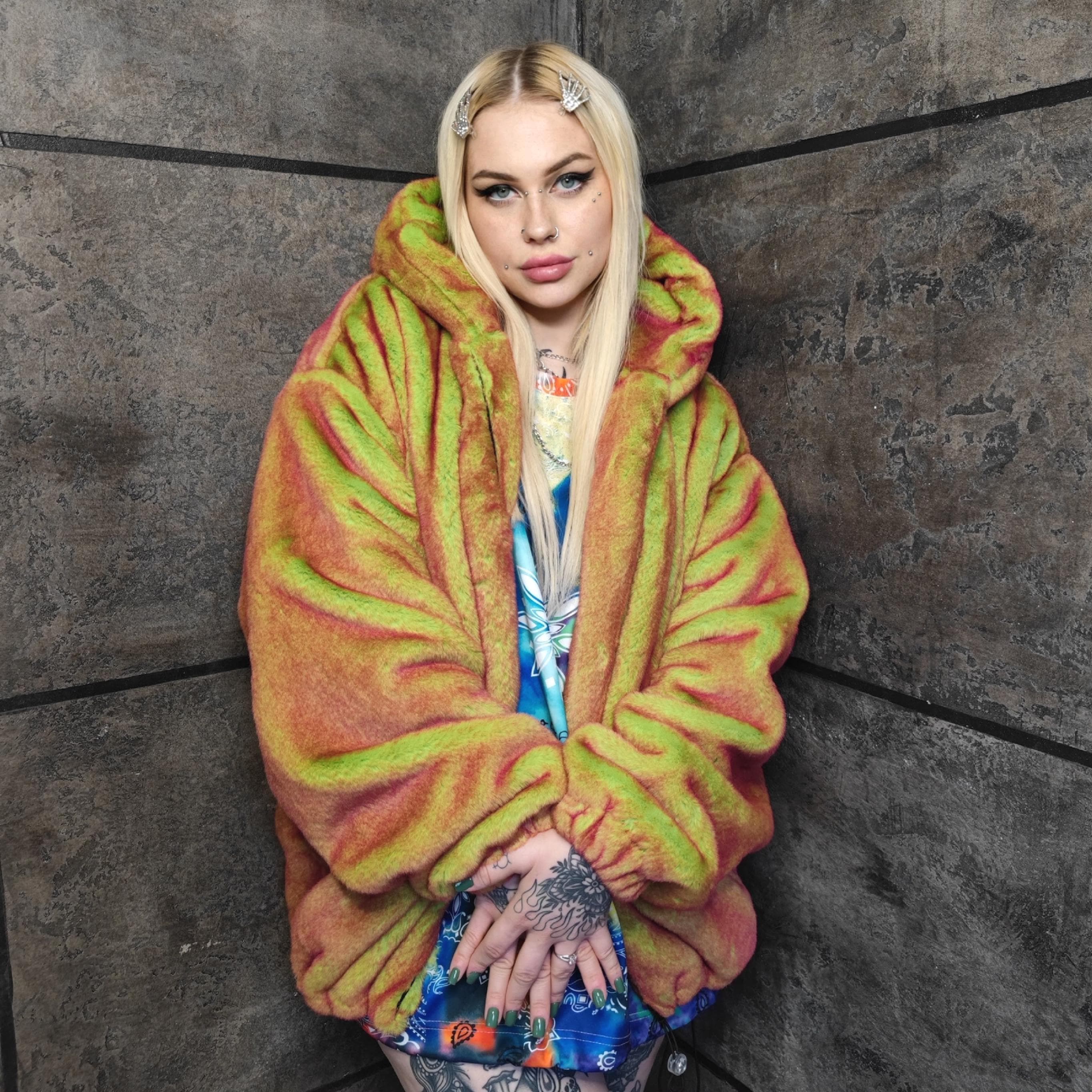 Luminous faux fur hooded jacket orange green electric bomber festival color changing coat fluffy rave bomber neon fleece burning man outfit