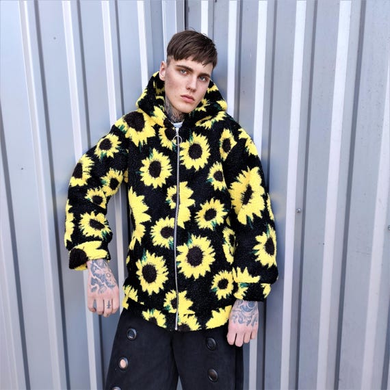 Sunflower Fleece Hooded Jacket Yellow Black Floral Coat Festival