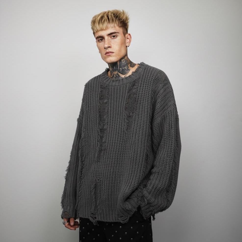 Charcoal Grey Ripped Knit Sweater, Distressed Shredded Grunge