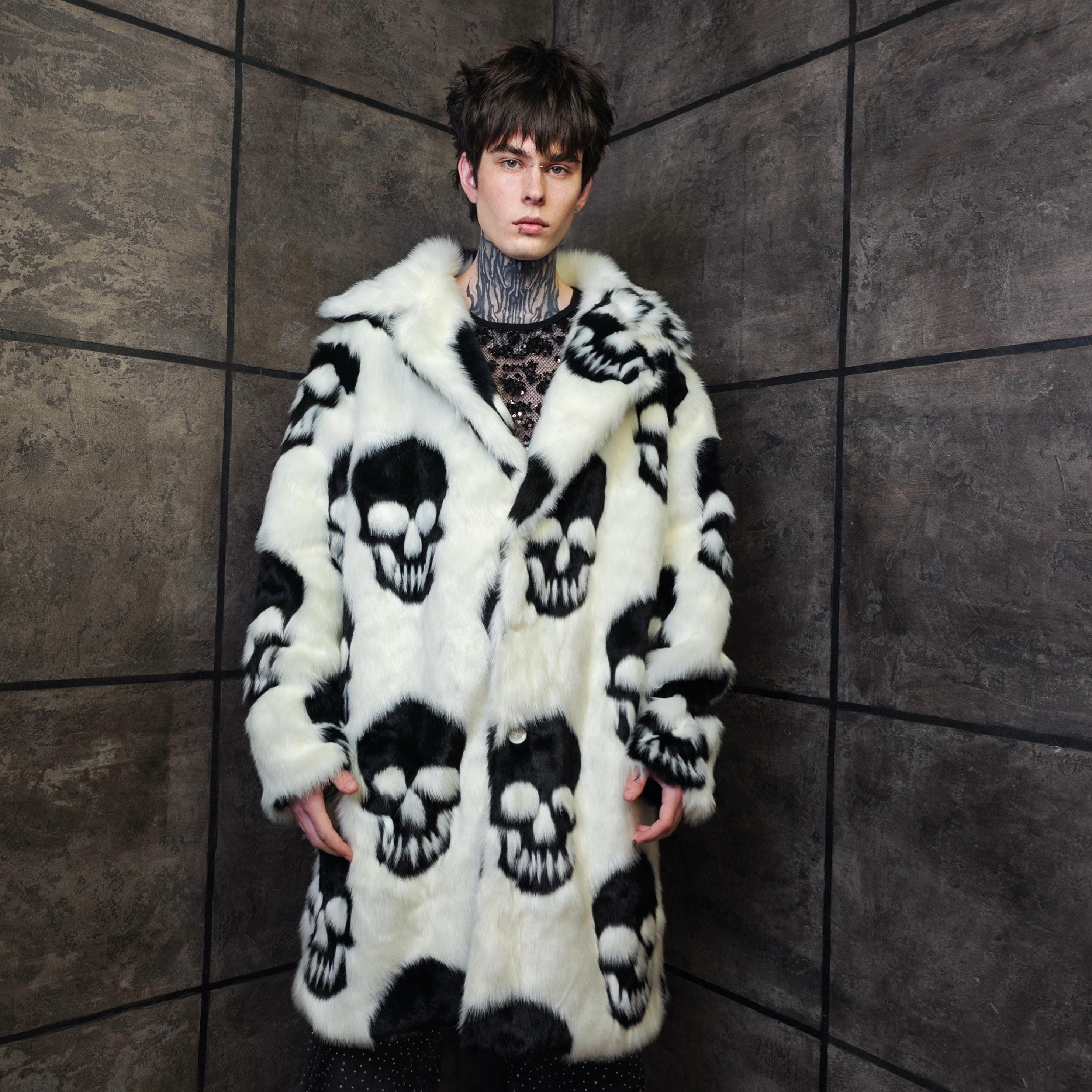 フォロー20%OFF Y2K MAD PUNK skull coat Gothic Faux Fur Coat, Skull Print Trench Unisex, Skeleton Punk