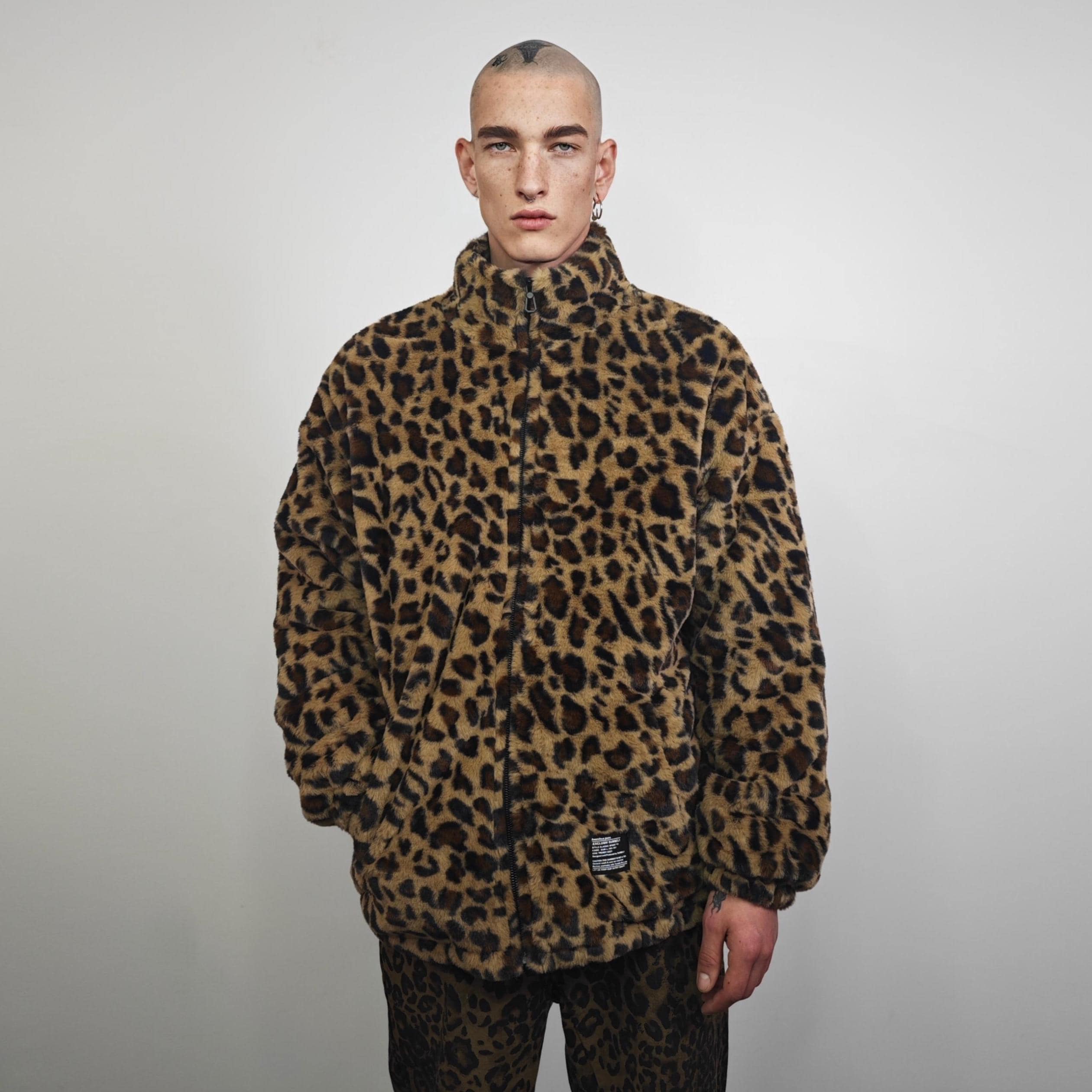 Brown Leopard Fleece Jacket, Zip up Animal Print Coat, Unisex