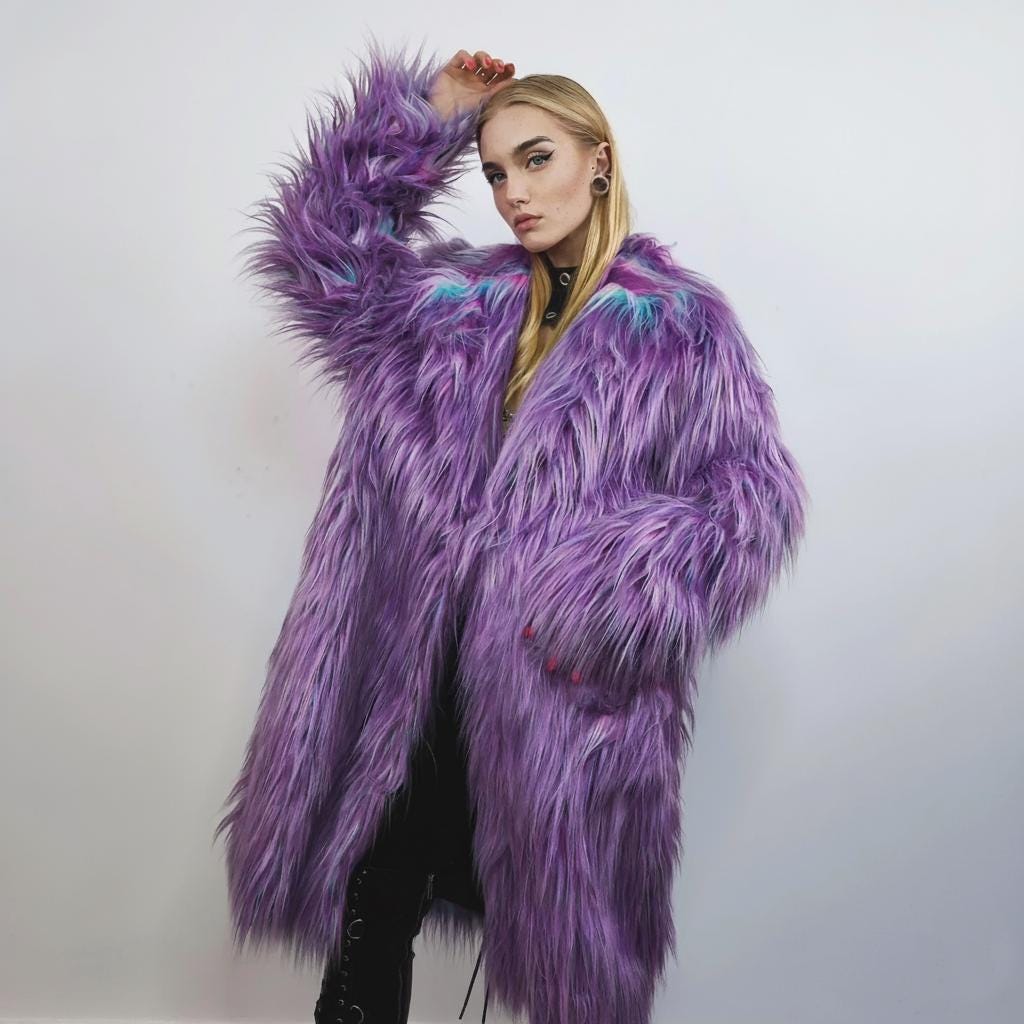 Long Faux Fur Trench, Purple Shaggy Neon Jacket, Fluffy Lilac Y2K