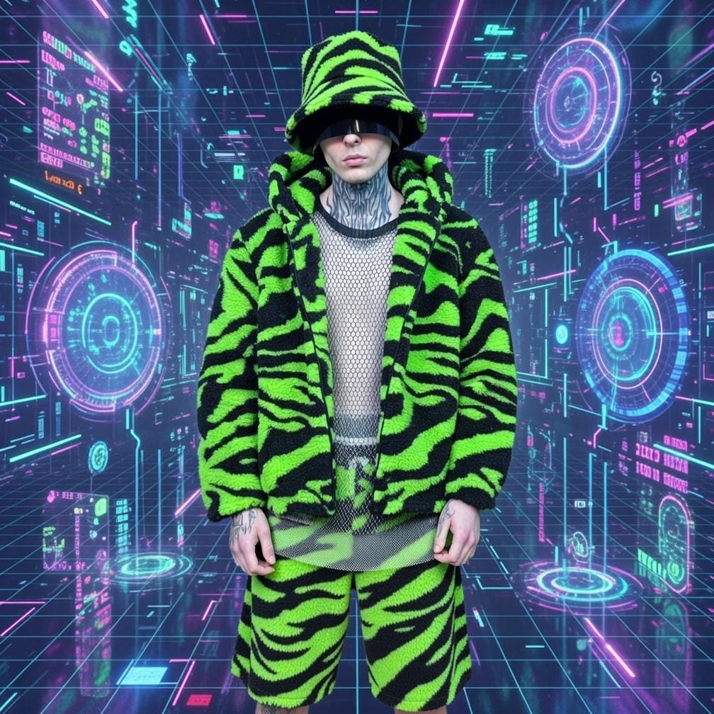 Acid Green Zebra Teddy Fleece Coat, Custom Made Rave Statement