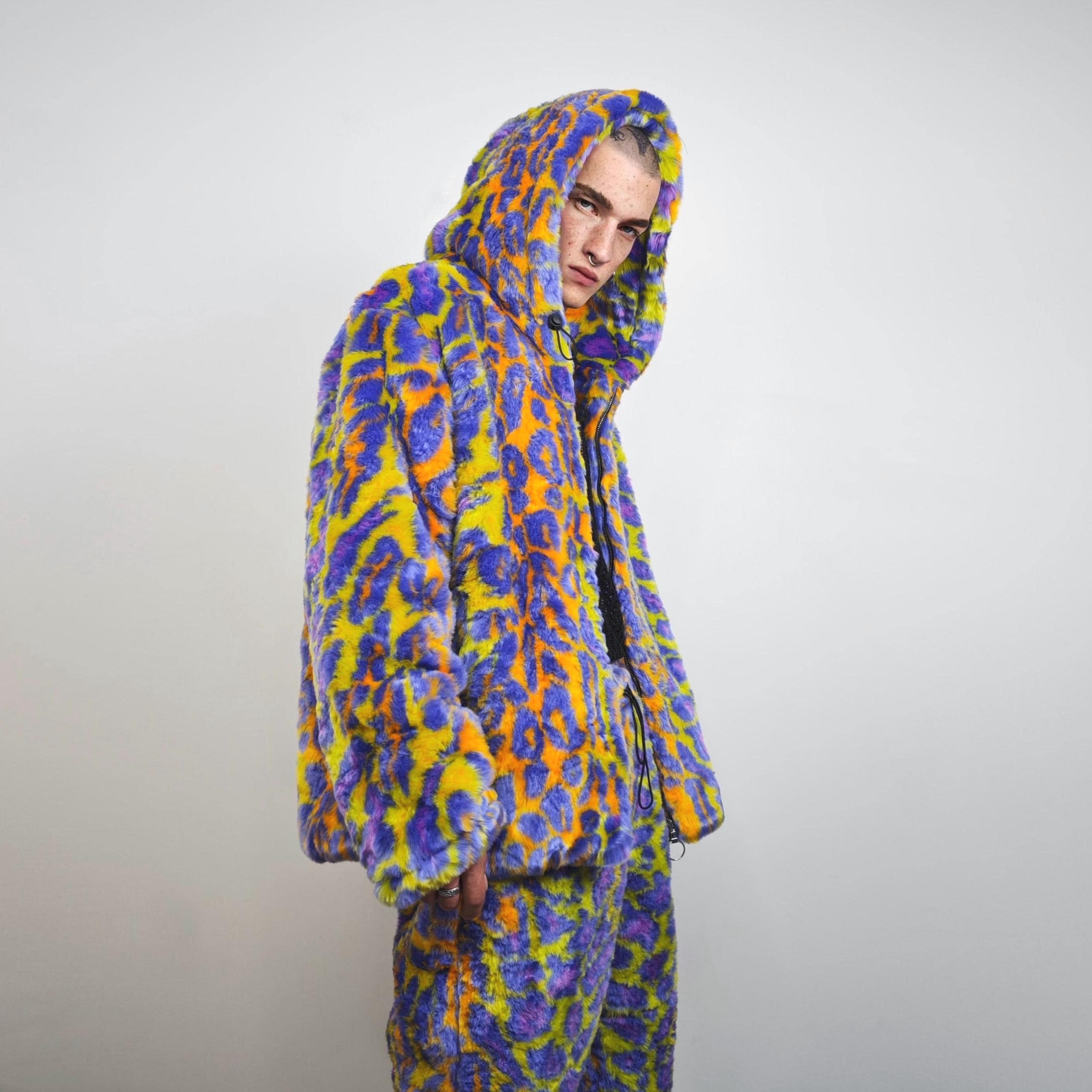 Blue orange leopard faux fur jacket neon animal print hoodie Y2K rave bomber grunge pullover fluffy festival outwear burning man overcoat
