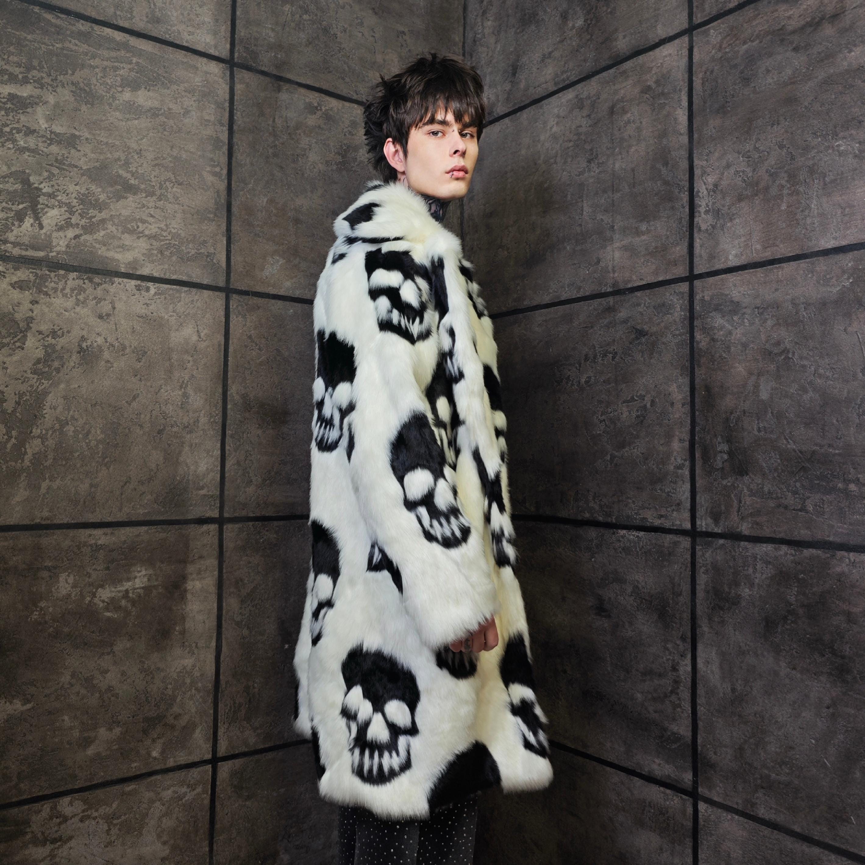 Gothic Faux Fur Coat, Skull Print Trench Unisex, Skeleton Punk