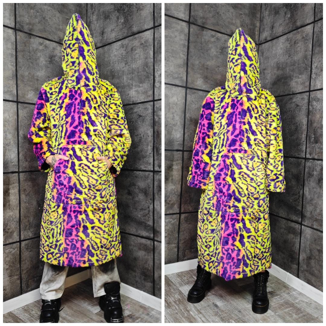 Neon Leopard Faux Fur Jumpsuit Oversized Hooded Burner Coat Green