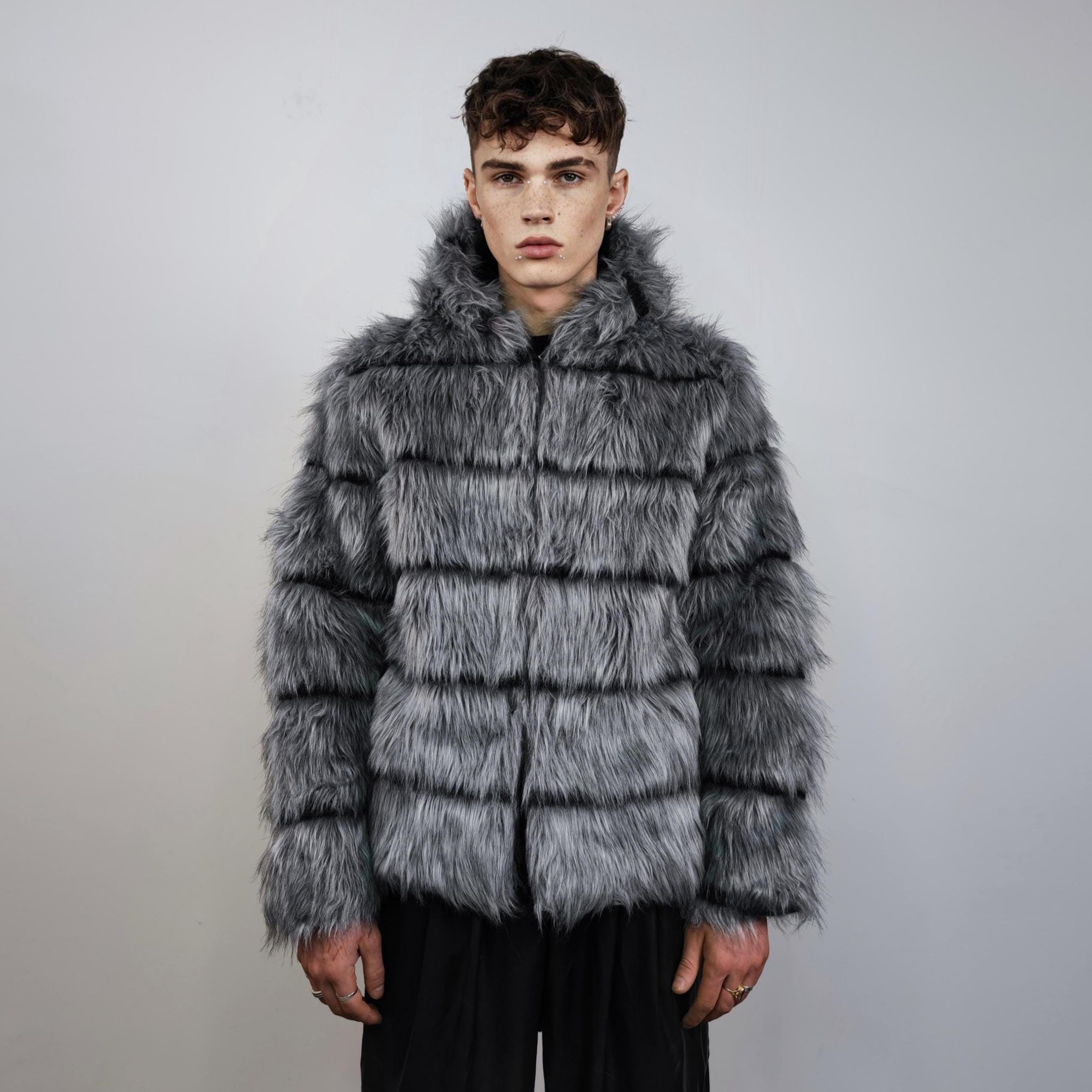 Grey Striped Faux Fur Hooded Jacket, Shaggy Unisex Coat - Etsy