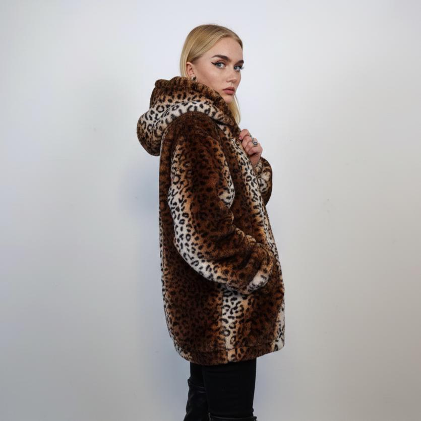 Leopard Print Faux Fur Hooded Jacket, Tie-dye Brown Bomber, Fluffy