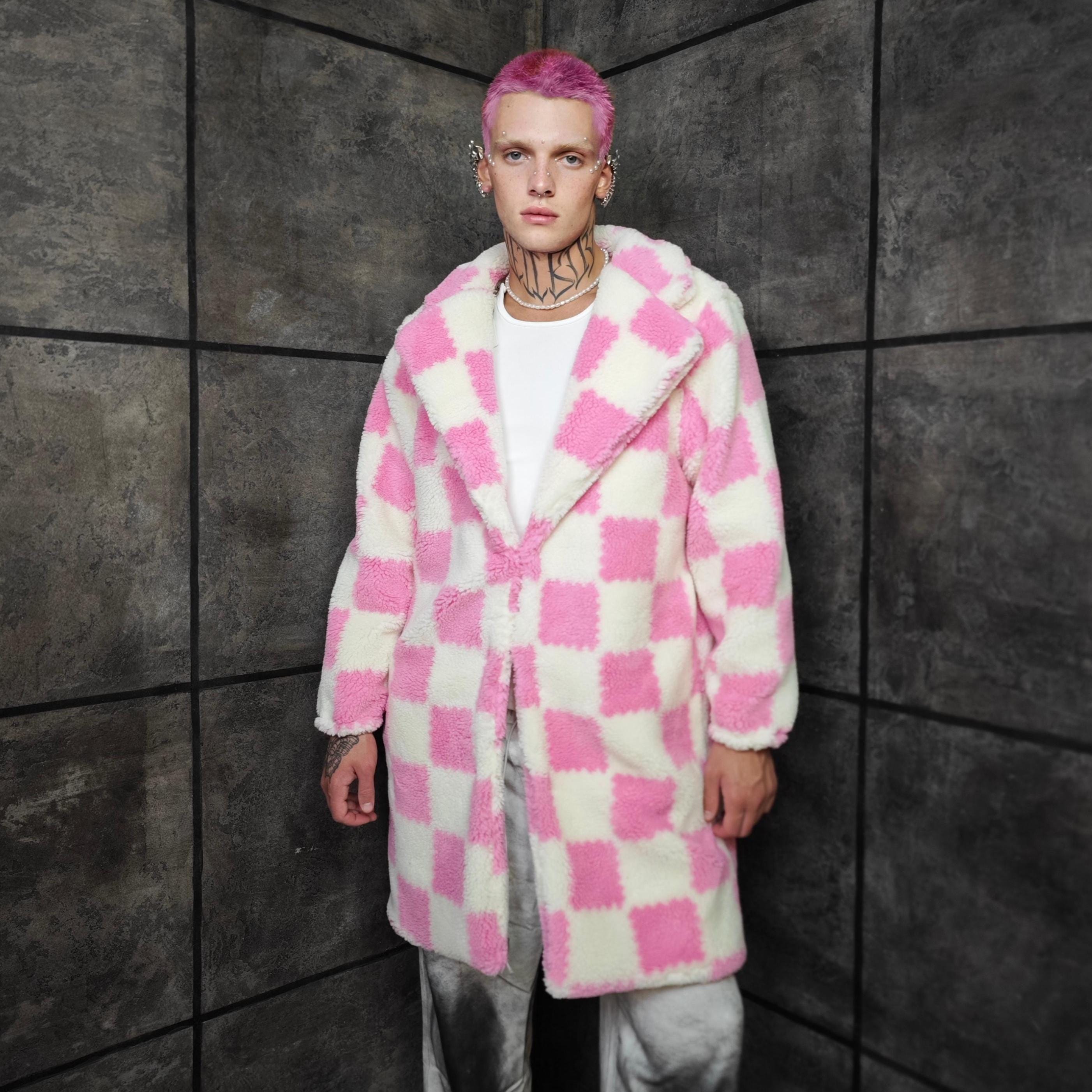 Pink White Checkered Fleece Trench Coat, Teddy Checkerboard