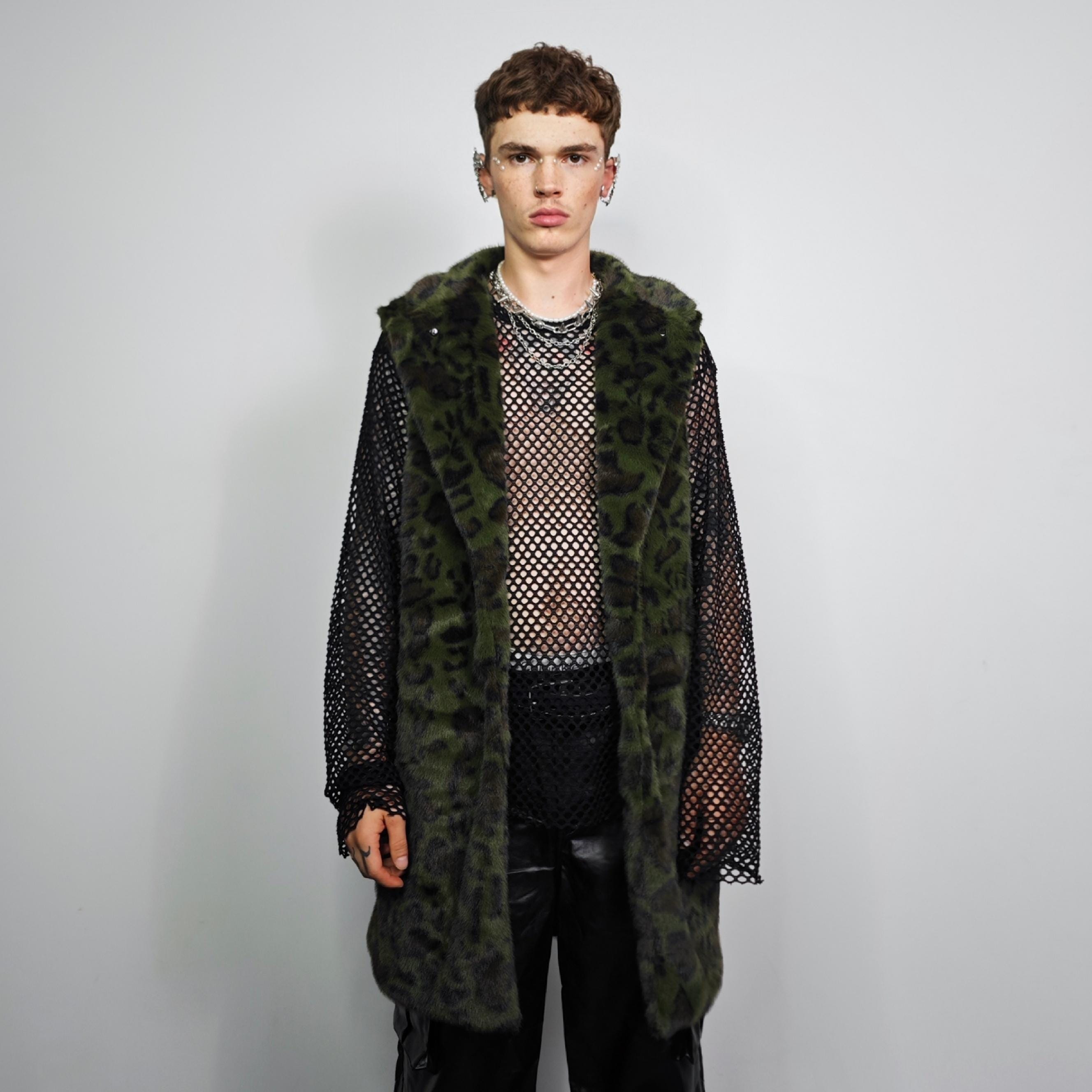 Green Leopard Faux Fur Coat, Long Unisex Trench, Grunge Maximalist