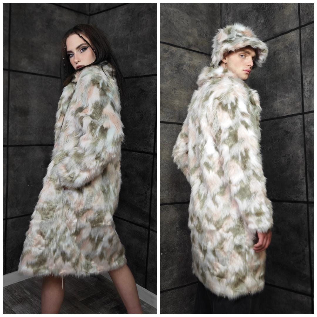 Camouflage Furry Jacket, Unisex Festival Coat, Green Pink Camo