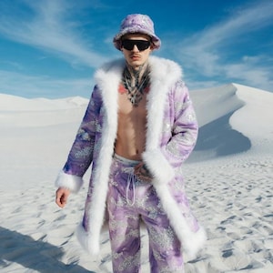 Abrigo de piel sintética bordado con lentejuelas, chaqueta con capucha con estampado de olas lavanda, prenda exterior oversize para fiestas rave, corte largo llamativo.