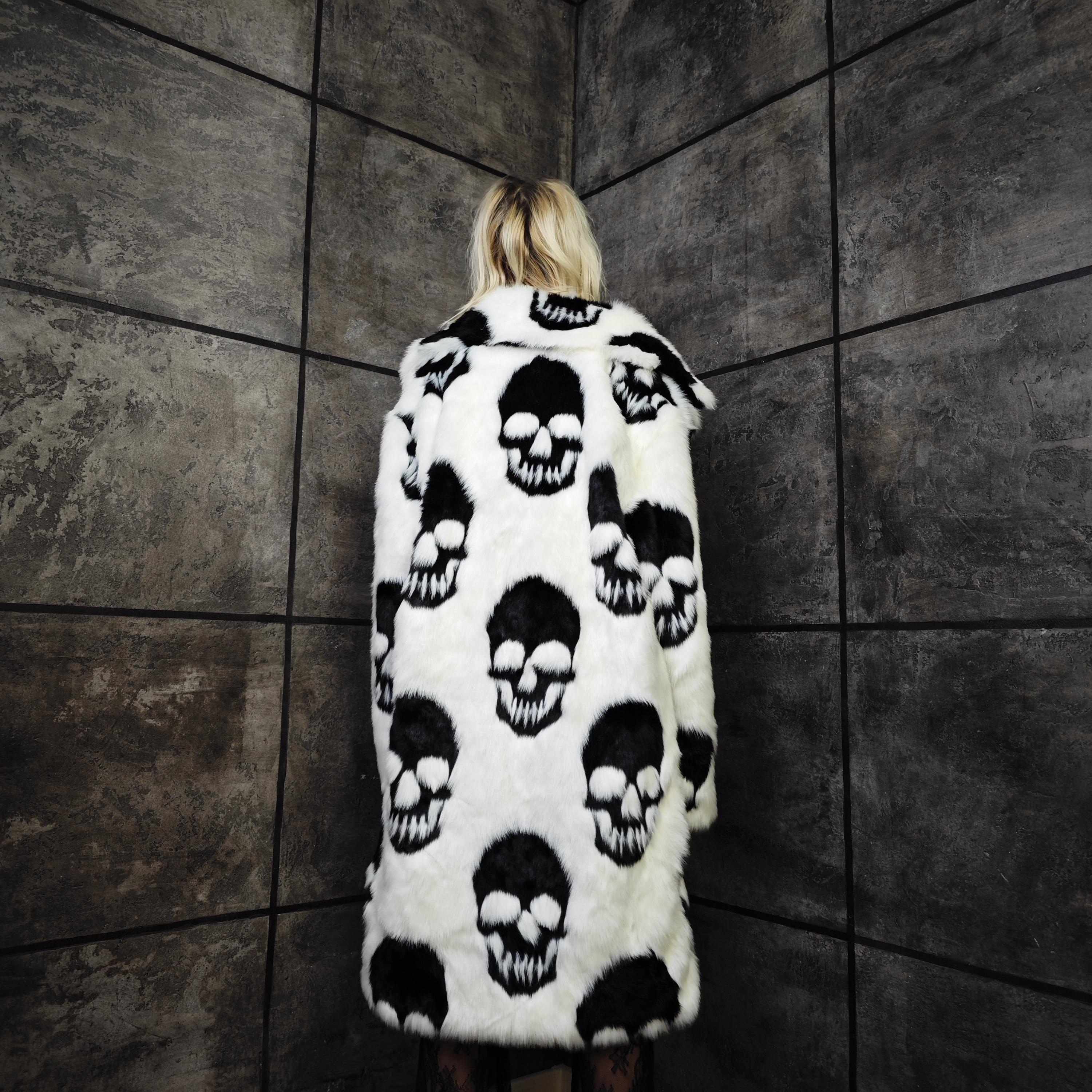 Gothic Faux Fur Coat, Skull Print Trench Unisex, Skeleton Punk