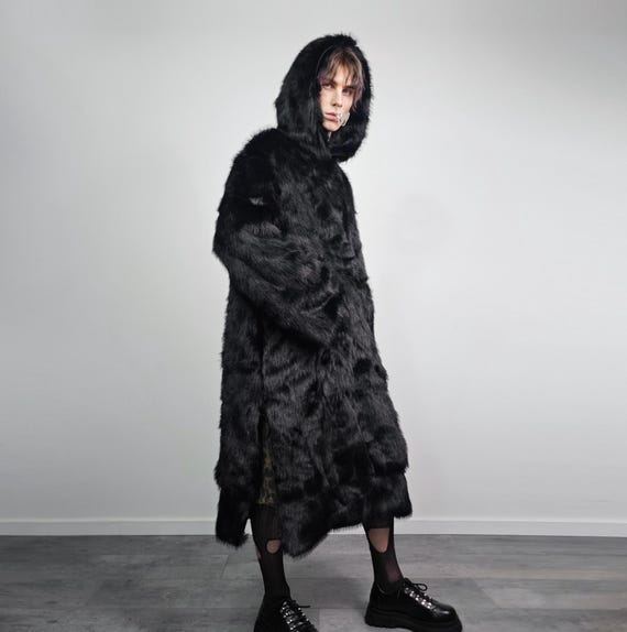 Extreme Black Faux Fur Coat Long Fluffy Half Zip Gothic Overcoat