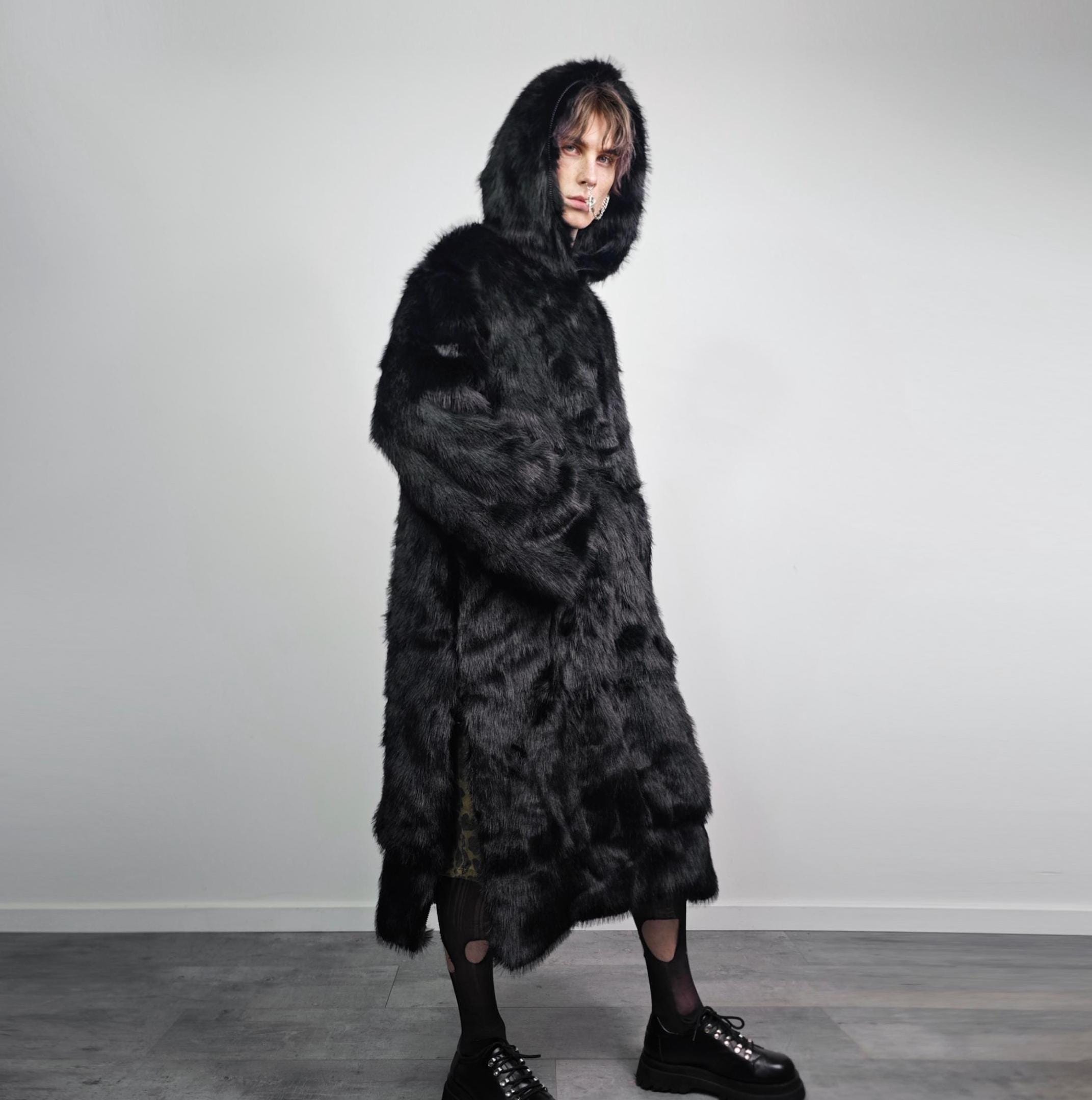 Extreme Black Faux Fur Coat Long Fluffy Half Zip Gothic Overcoat