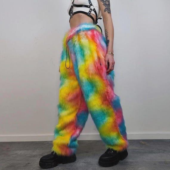 Rainbow Faux Fur Joggers Raver Pants Fluffy Psychedelic Trousers