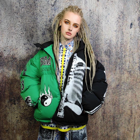 ジャケット・アウター i.hate.eight skeleton shell Skeleton Split Color Puffer Jacket, Grunge Bones Varsity Bomber