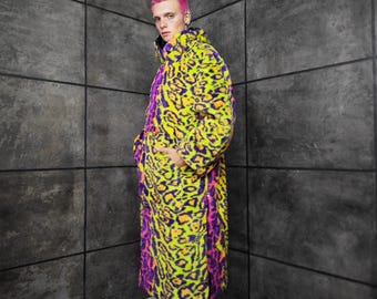 Neon Leopard Faux Fur Jumpsuit Oversized Hooded Burner Coat Green