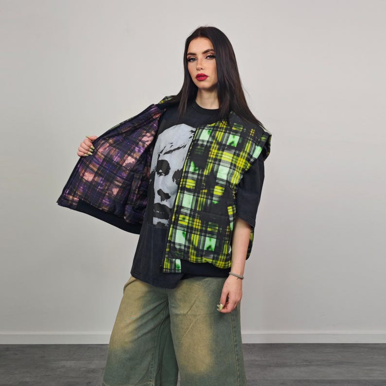 Tie-dye Check Bomber Green Brat Jacket Raver Reversible College Varsity ...