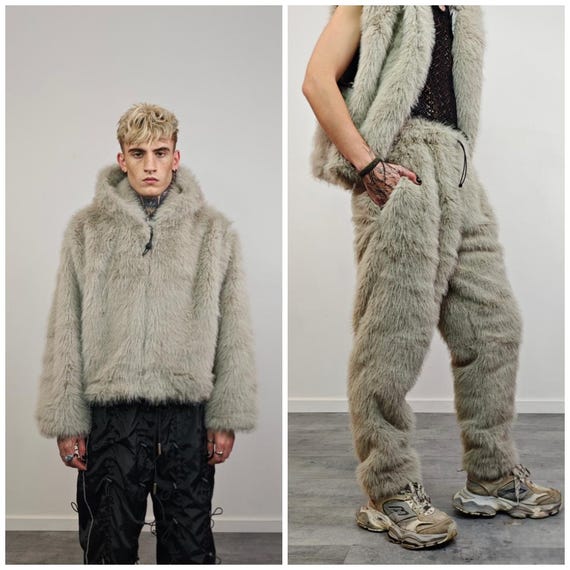 Faux Fur Jacket Grey Cropped Hoodie, Shaggy Short Coat, Unisex