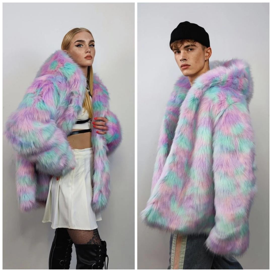 Candy Faux Fur Long Coat Unicorn Trench Neon Raver Bomber Fluffy