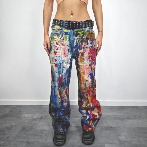 パンツ Xfrm Y2K Paint Splatter Flare Jeans Paint Splatter Jeans Colorful Artistic Denim Pants Unisex Festival