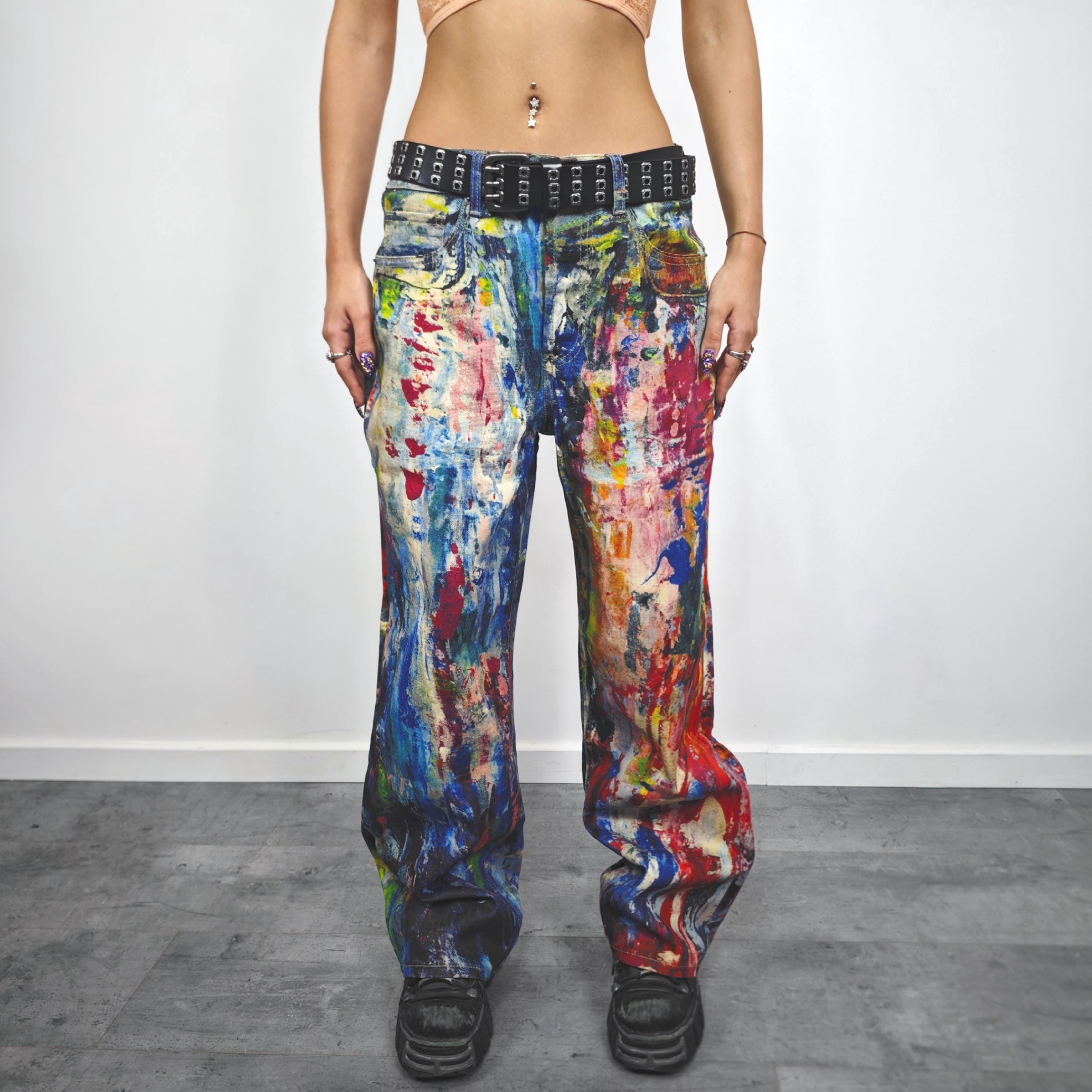 Paint Splatter Jeans Colorful Artistic Denim Pants Unisex Festival 