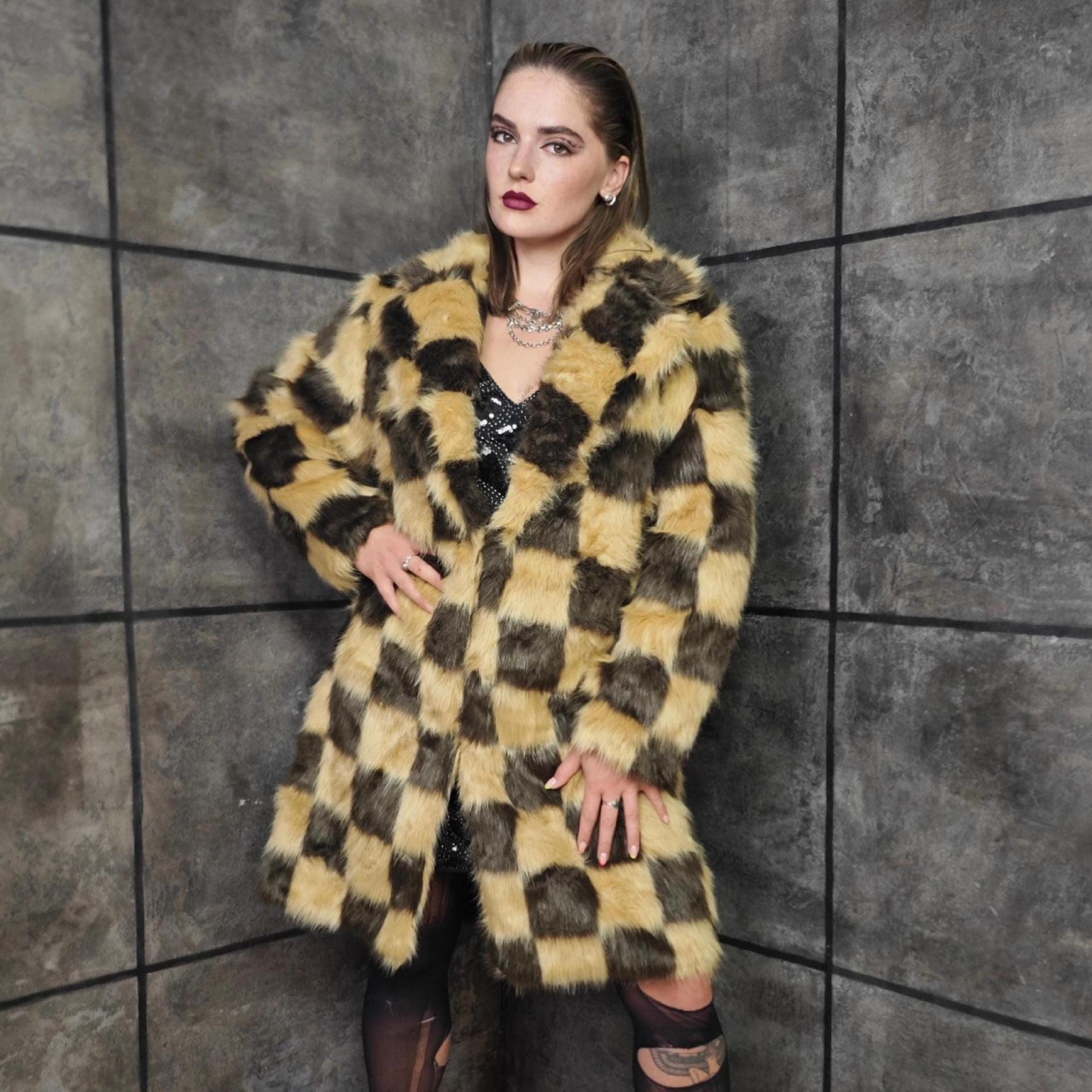 Sサイズ Double Breasted Plaid Faux Fur Coat Checkered Faux Fur Coat Brown Checked Fluffy Festival Trench Fuzzy