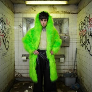 Può includere: Un cappotto con cappuccio in finta pelliccia verde neon. Il cappotto è lungo e ha una consistenza ruvida. La persona indossa pantaloni neri e un top colorato chiaro. Lo sfondo è un bagno piastrellato con graffiti.