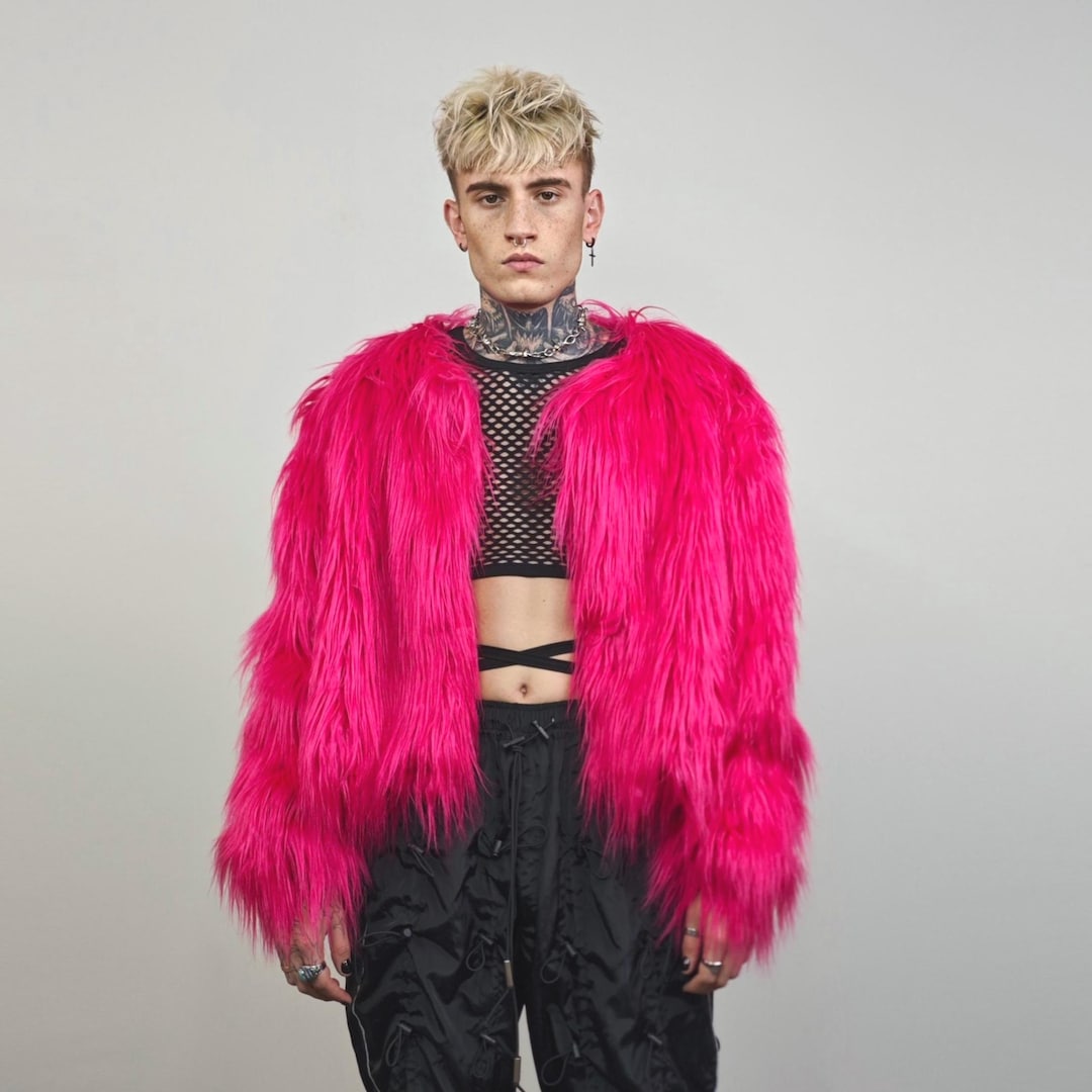 Shaggy Festival Collarless Coat Pink Fuzzy Cropped Trench Faux Fur ...