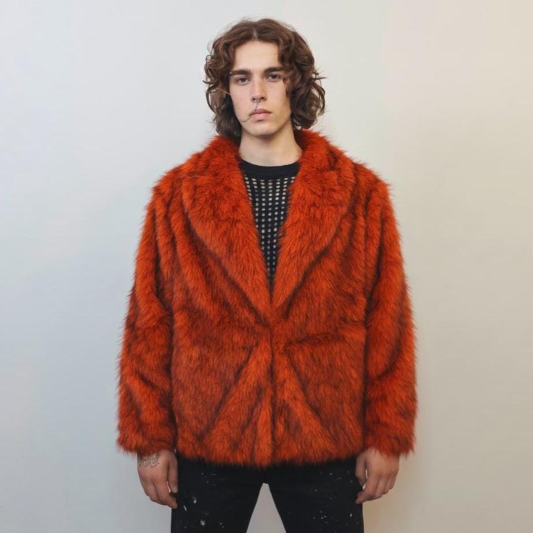 Red Faux Fur Cropped Coat, Fluffy Trench Shaggy Unisex Grunge