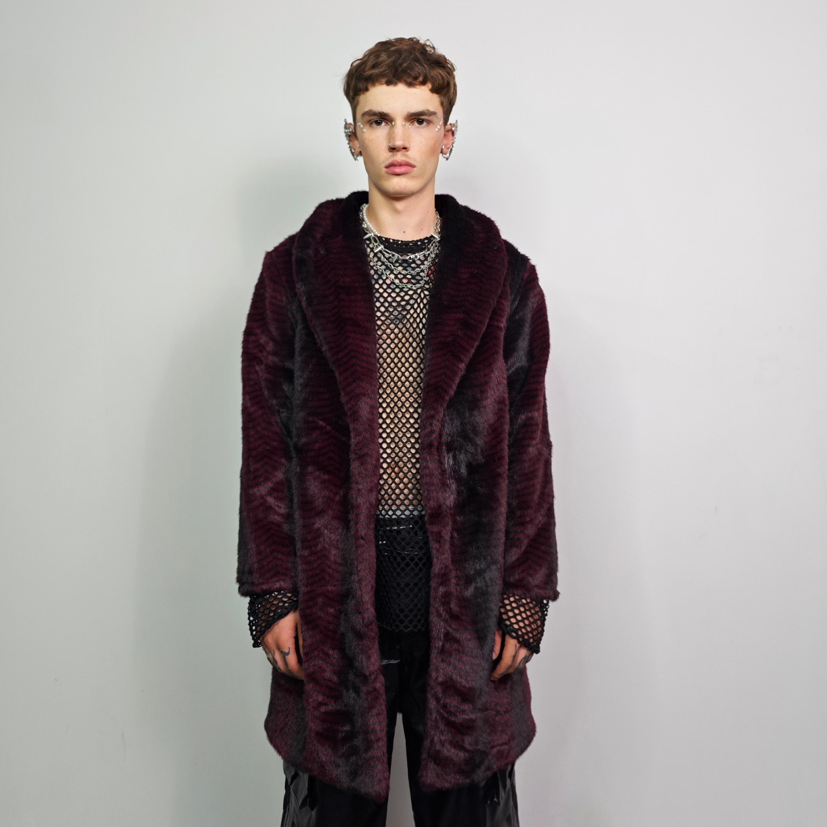 Striped Burgundy Faux Fur Trench Coat, Gothic Glam Long Jacket