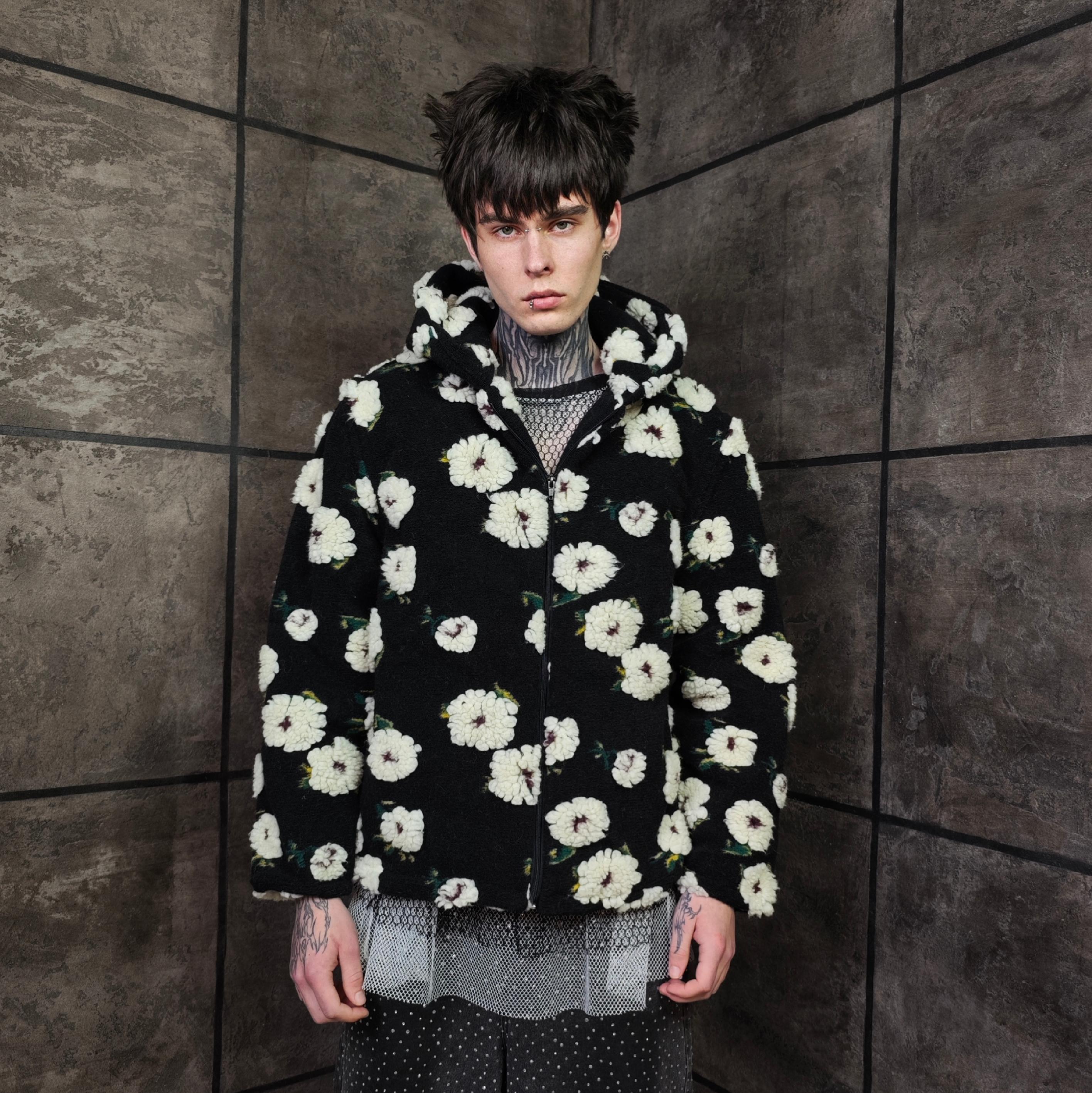 Floral Fleece Jacket, Flower Patchwork Coat, Retro Sherpa Trench