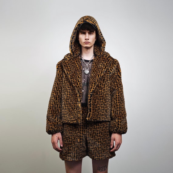 Arabic Pattern Short Coat Brown Black Fleece Trench Geometric