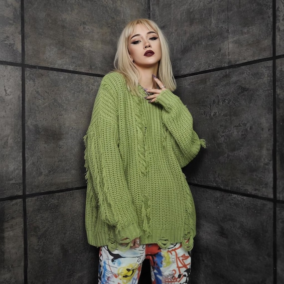 Acid Green Ripped Knit Sweater, Distressed Shredded Jumper, Toxic