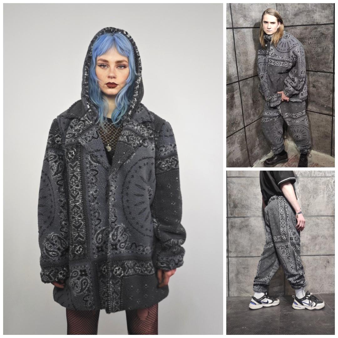 Bandana Hooded Jacket Black Fleece Paisley Detachable Sleeves